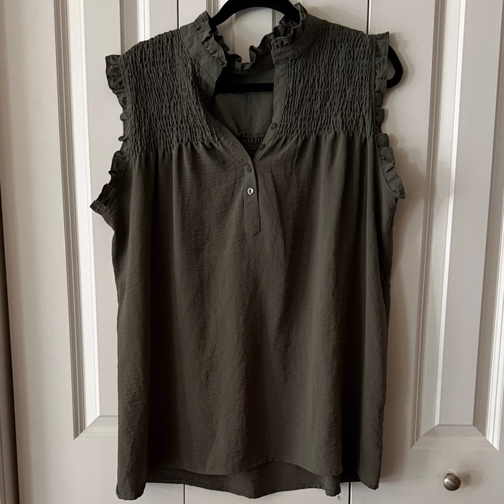 Sleeveless Ruffle-Yoke Tank Top - Olive